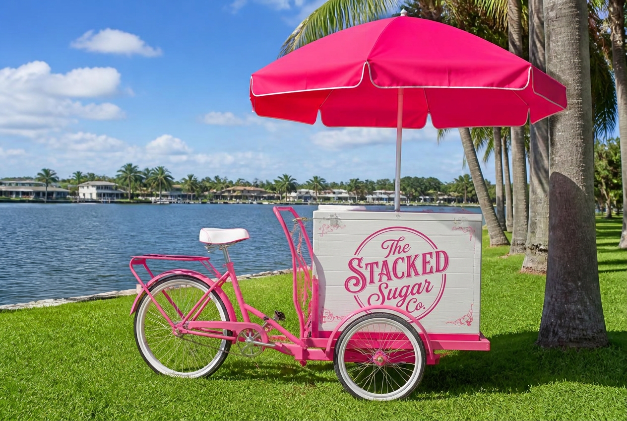 The Stacked Sugar Co. pink vintage ice cream bike cart with branded white box parked by a lake under palm trees in Southwest Florida