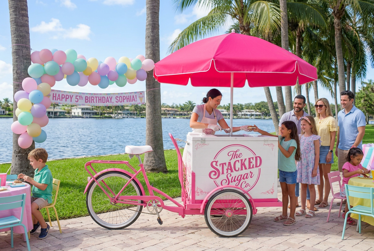 The pink ice cream bike cart serving kids at a backyard birthday party in Southwest Florida