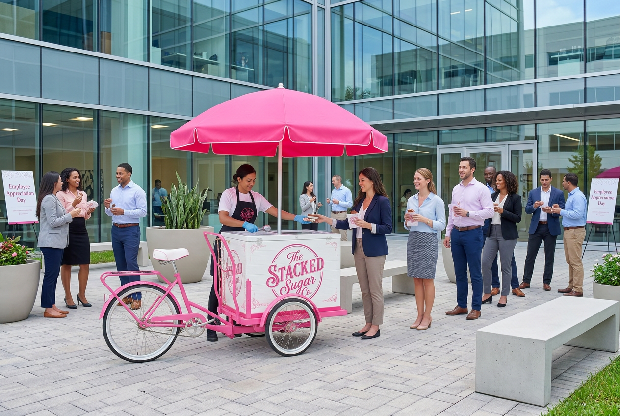 The pink ice cream bike cart serving employees at a corporate appreciation event outside a Fort Myers office