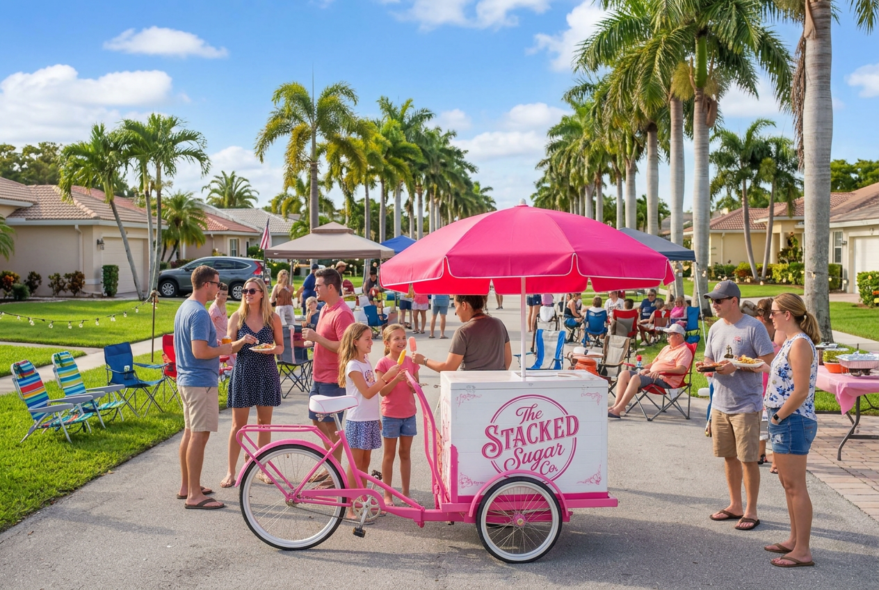 The pink ice cream bike cart at a neighborhood block party pop-up in a palm-lined Southwest Florida community