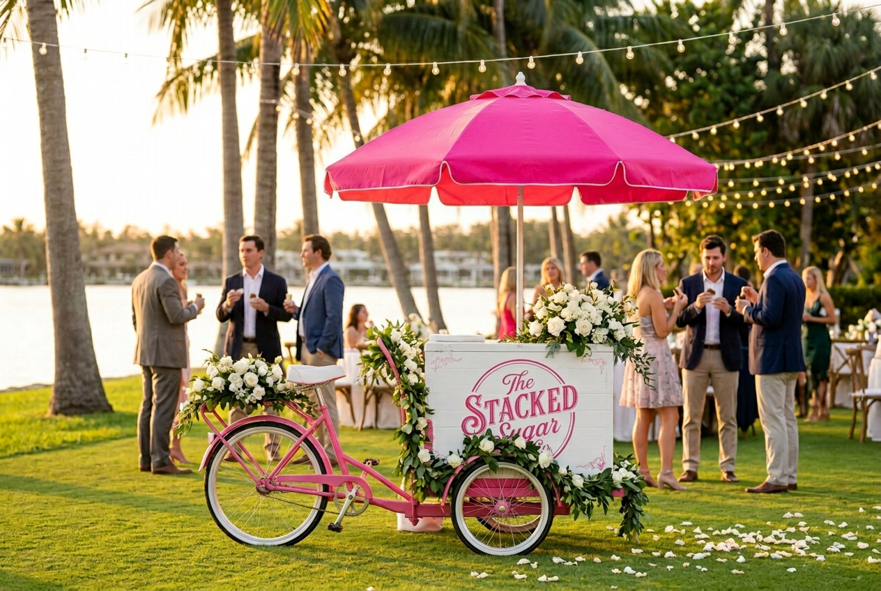 The Stacked Sugar Co. pink ice cream bike cart styled with white florals at an elegant outdoor Naples wedding reception
